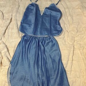 Warners Perfect Measure Blue Polka Dot Satin Lace Trim Cami Pajama Set Medium